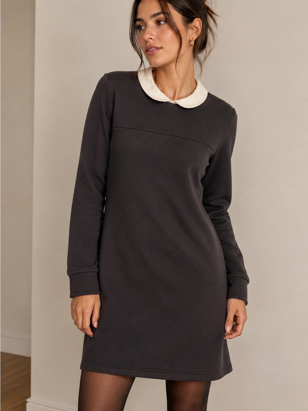 Max 'N Chester Black/grey Diamond Quilted Shift Dress Cream Peter Pan Collar NWT